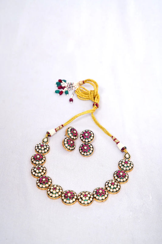 Traditional Meenakari Kundan Choker Necklace & Earrings Set in Green & Red Stones