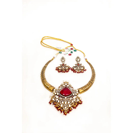 Traditional Hasli Necklace Set – Maroon Ruby & Pearls