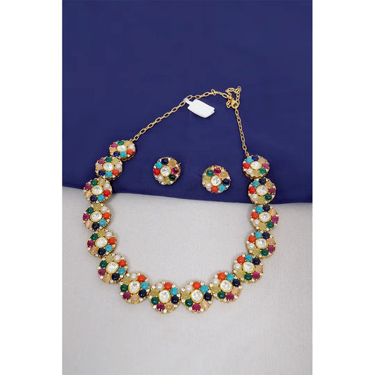 Navratna Kundan Necklace Set – Multicolor Gemstones