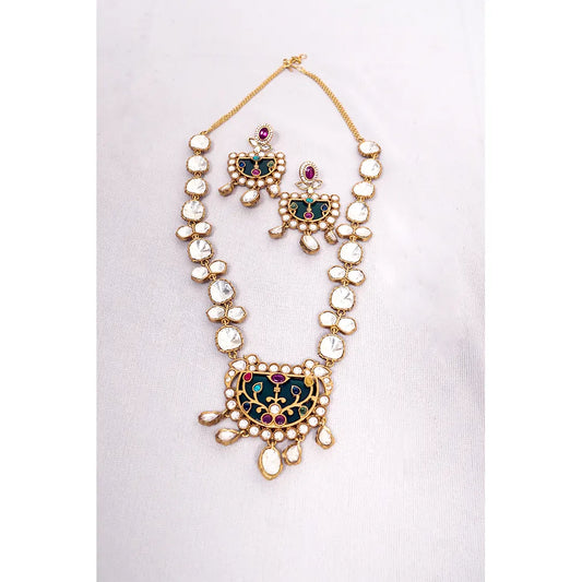 Moissanite Polki Kundan Necklace Set with Green Enamel
