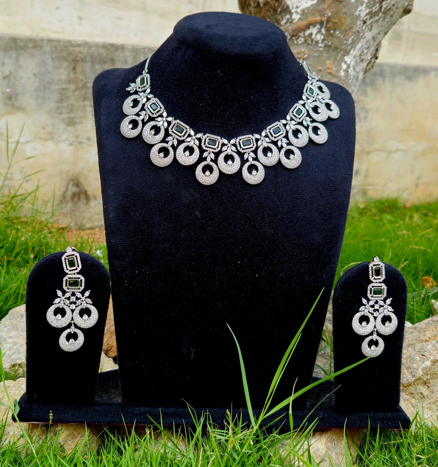 Emerald Glow American Diamond Necklace Set with Stunning Green Emerald-Cut Stones