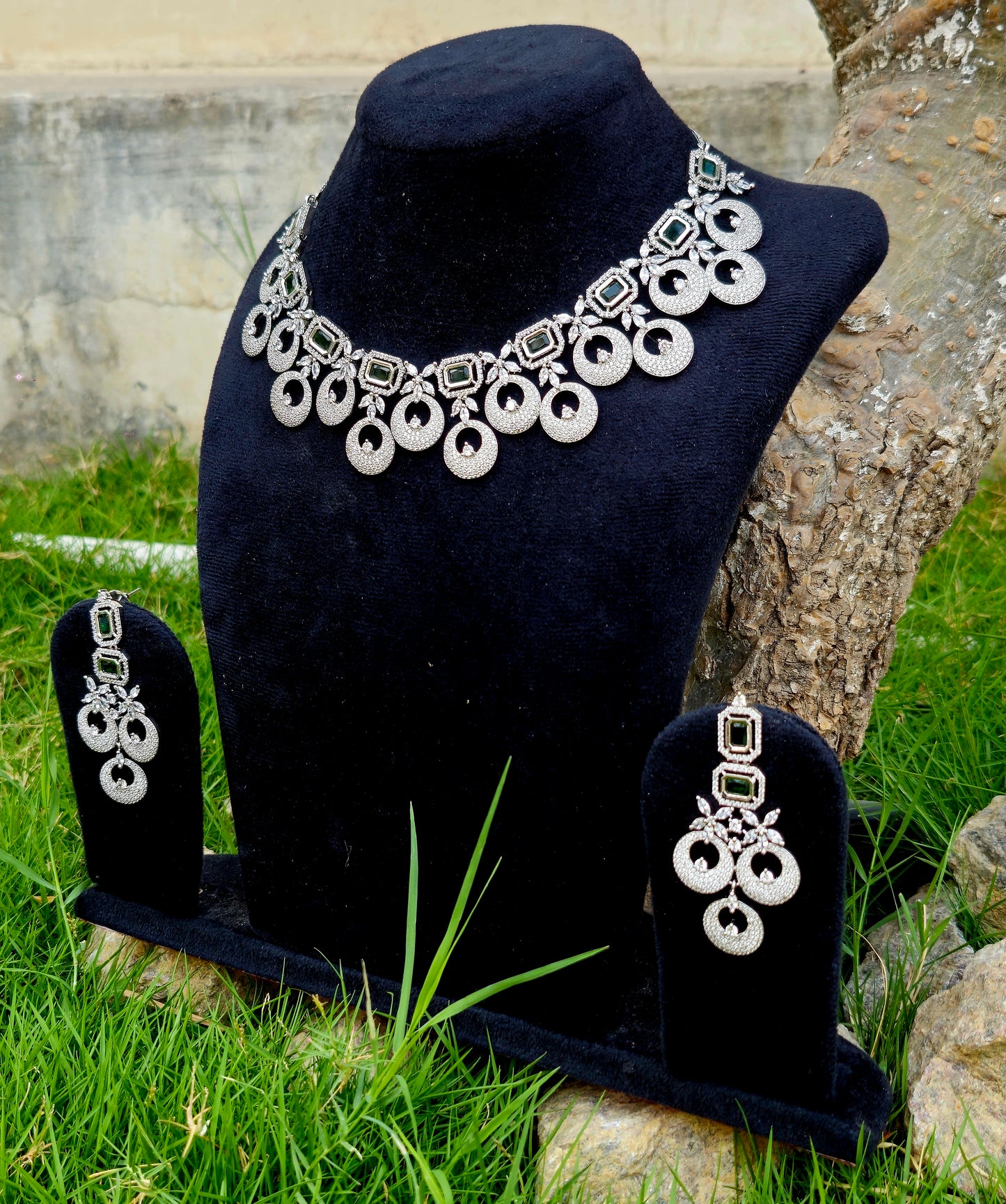 Emerald Glow American Diamond Necklace Set with Stunning Green Emerald-Cut Stones