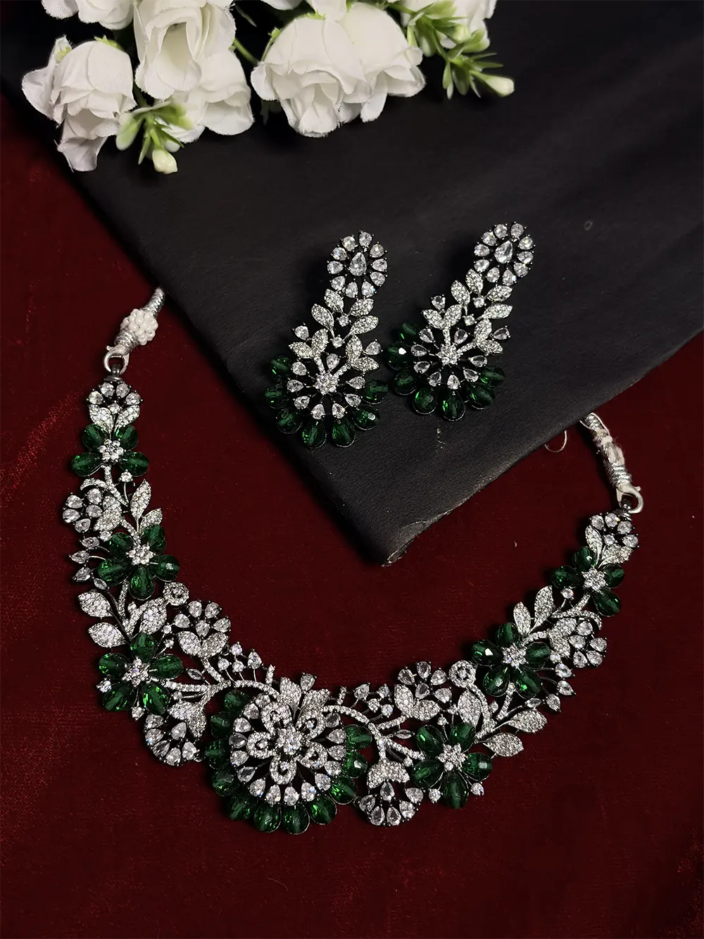 Emerald Green Floral Garden American Diamond Necklace Set with Earrings alternate view 2