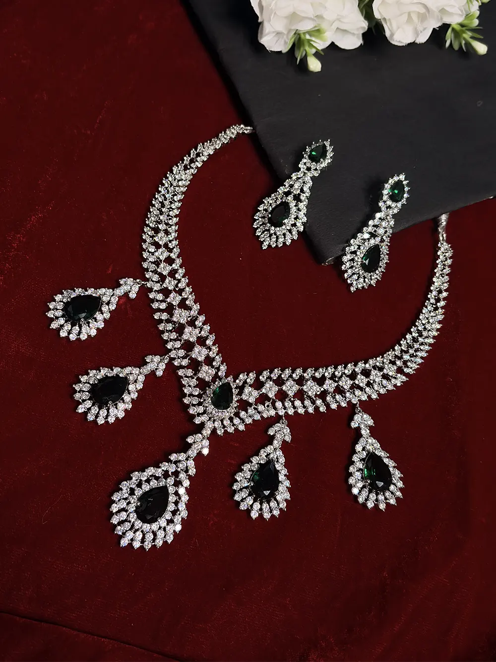 Emerald Green & White American Diamond Teardrop Necklace Set with Earrings alternate view 2