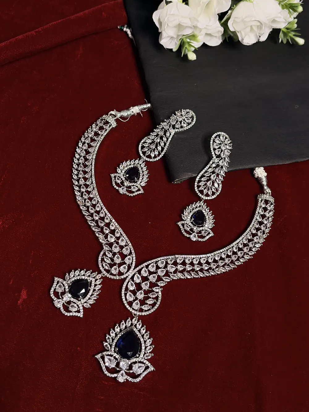 Royal Blue & White American Diamond Necklace Set with Earrings alternate view 2