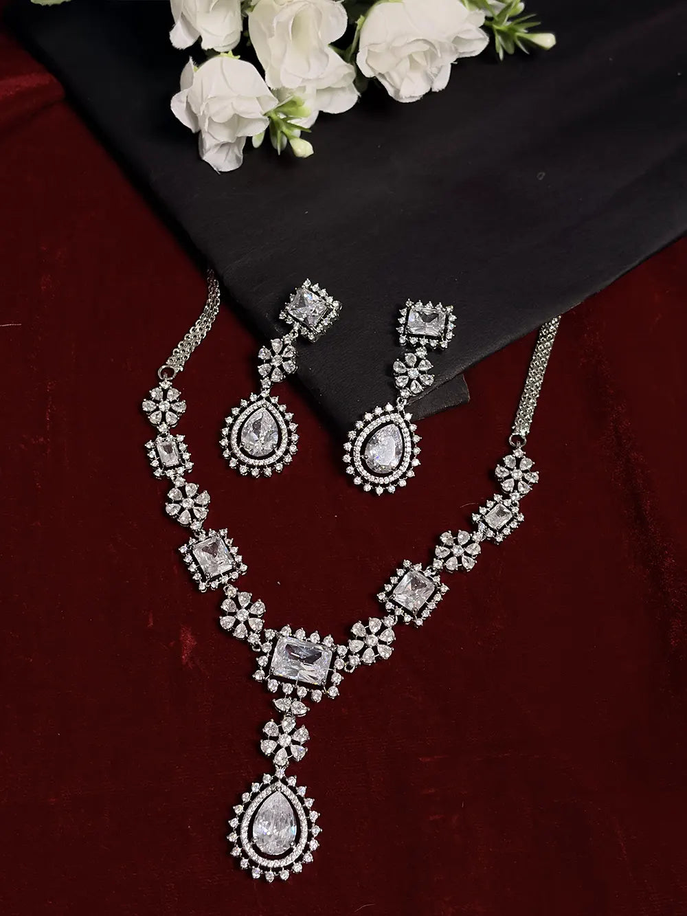 White American Diamond Square & Teardrop Pendant Necklace Set with Earrings