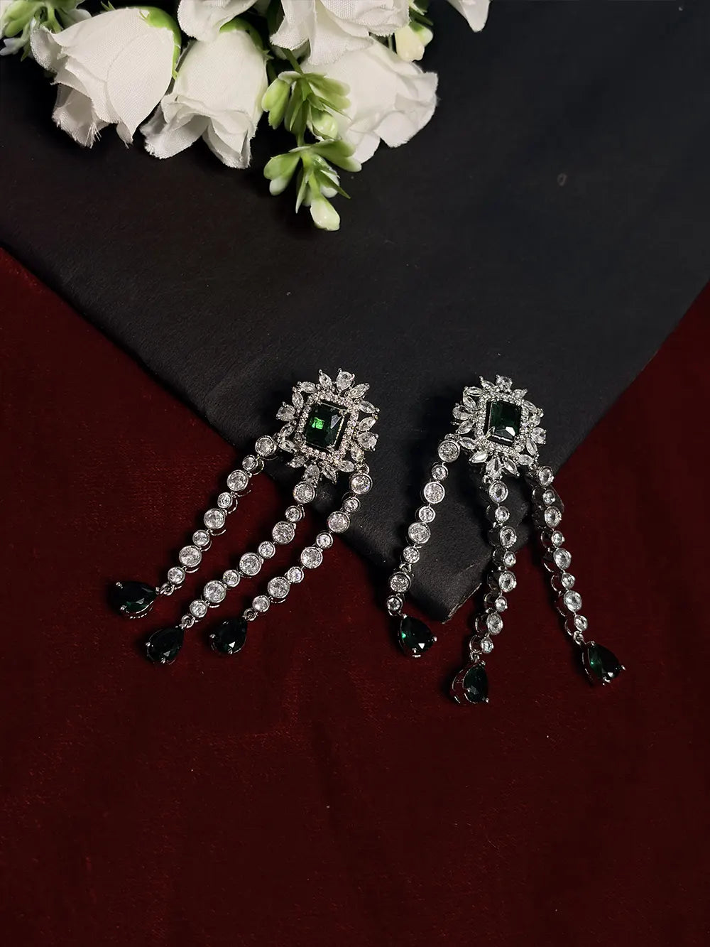 Emerald Green American Diamond Tassel Bridal Necklace Set with Earrings alternate view 1