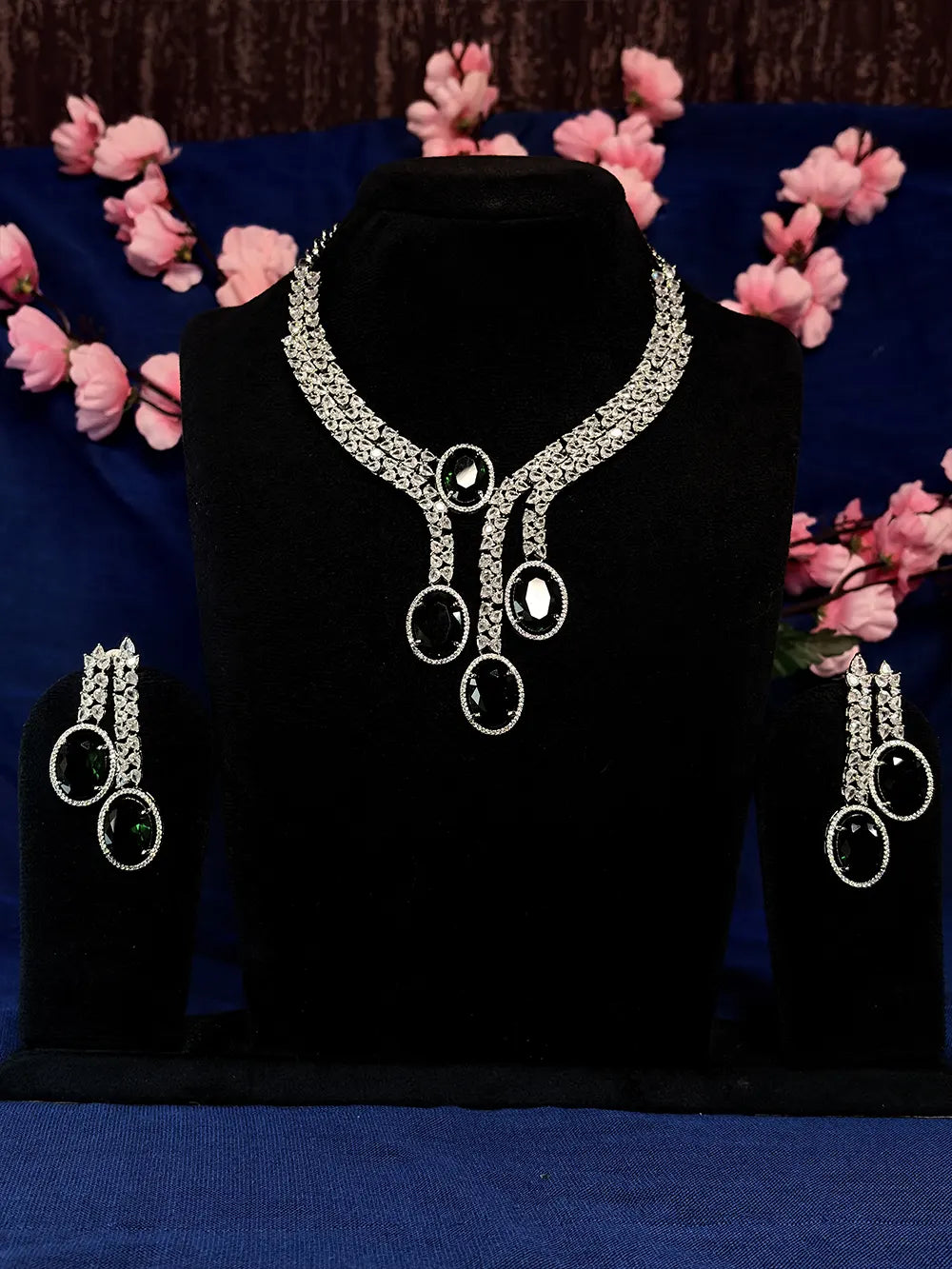 Black & White American Diamond Oval Drop Necklace Set with Earrings alternate view 2