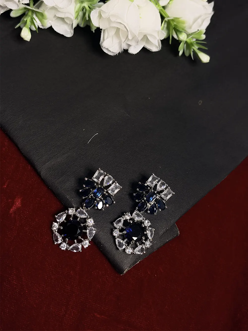 Blue & White American Diamond Floral Drop Necklace Set