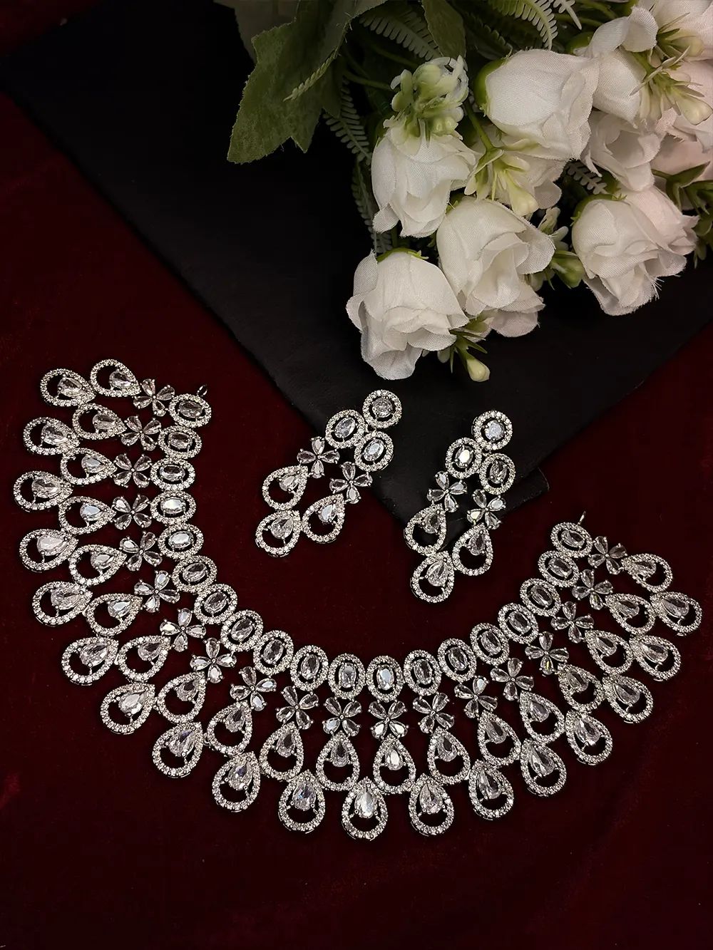 Silver White American Diamond Floral Teardrop Choker Necklace Set