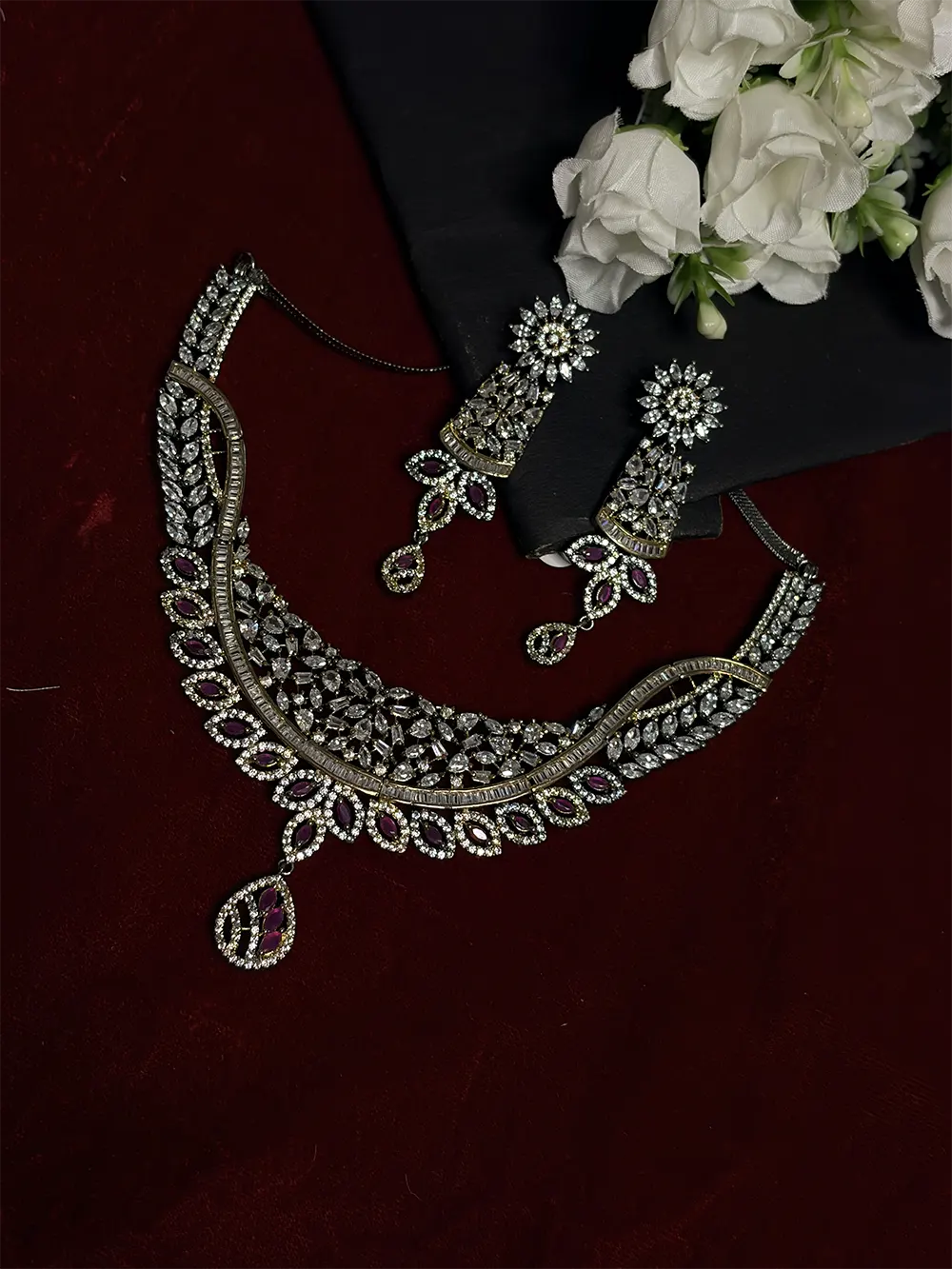 Gold Tone Ruby & White AD Baguette Floral Drop Necklace Set