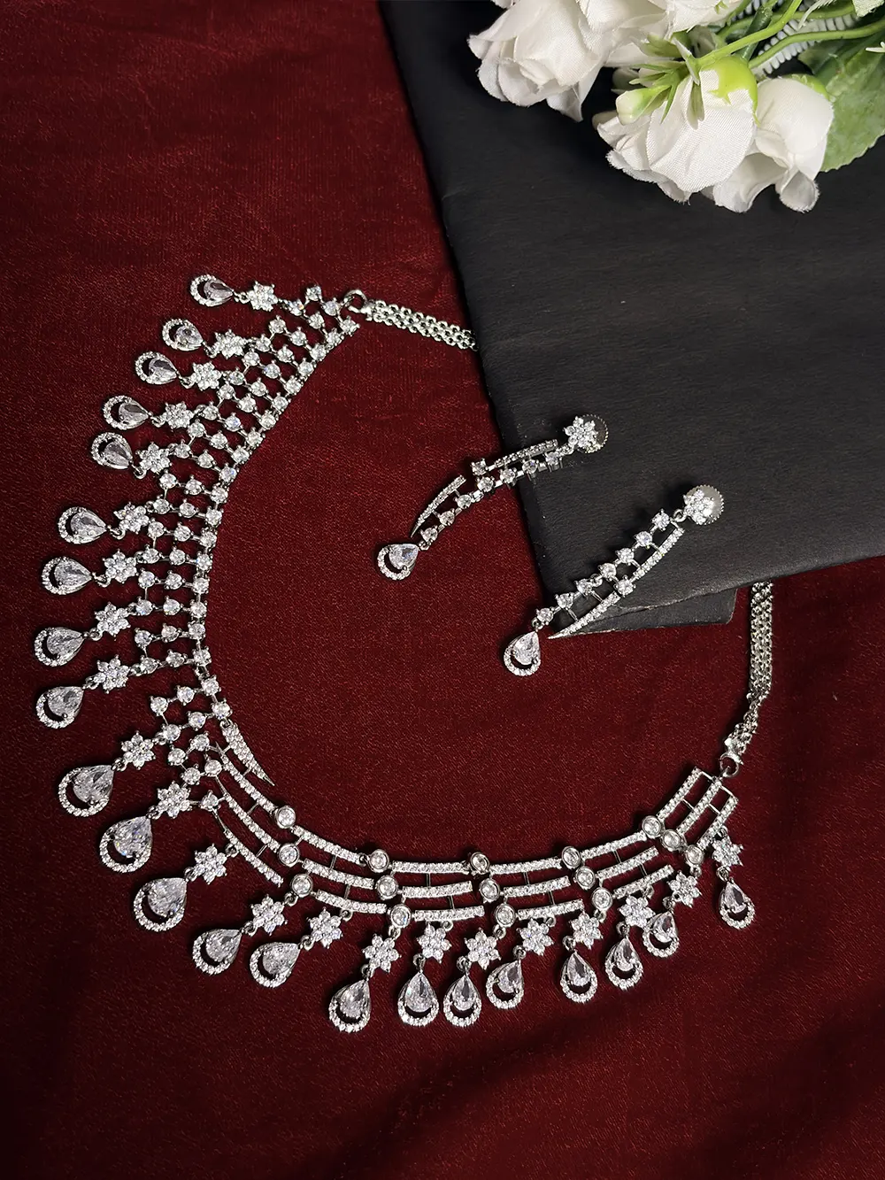 White American Diamond Multi-Strand Teardrop Fringe Necklace Set with Dangler Earrings