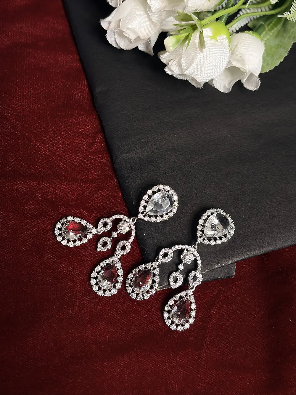 White American Diamond Open Swirl Teardrop Bridal Necklace Set with Dangler Earrings