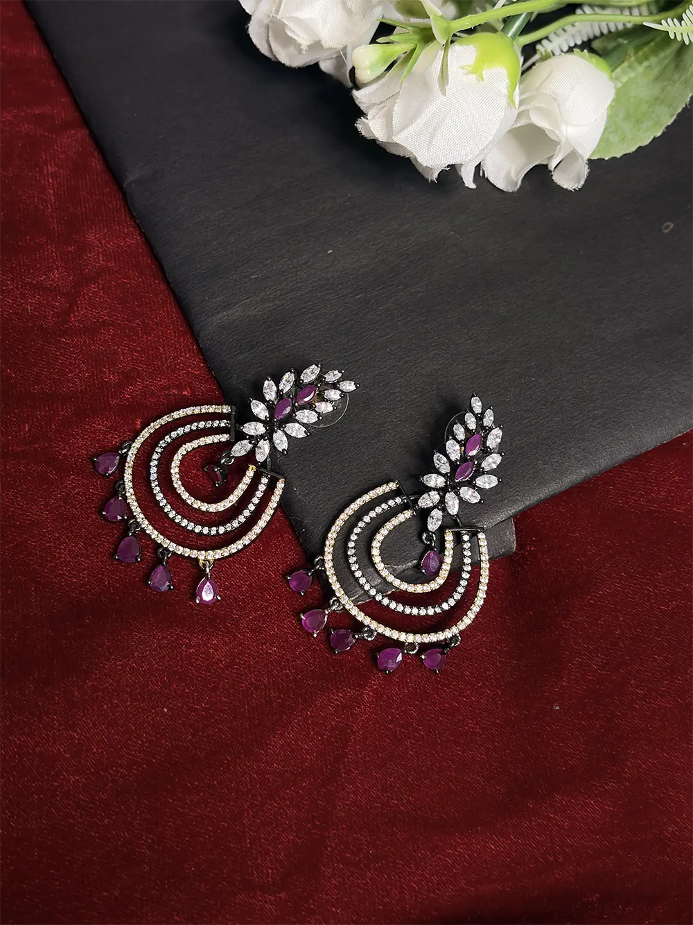 Wine Red & White American Diamond Asymmetric Leaf Fringe Necklace Set with Chandbali Earrings