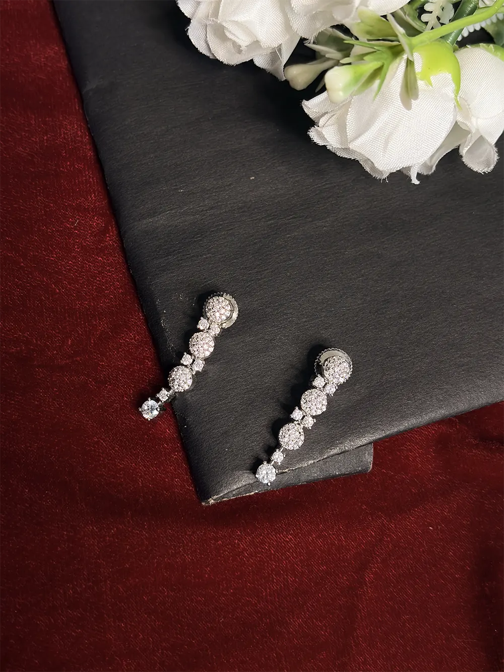 White American Diamond Cluster Rosette Fringe Choker Necklace Set with Linear Drop Earrings