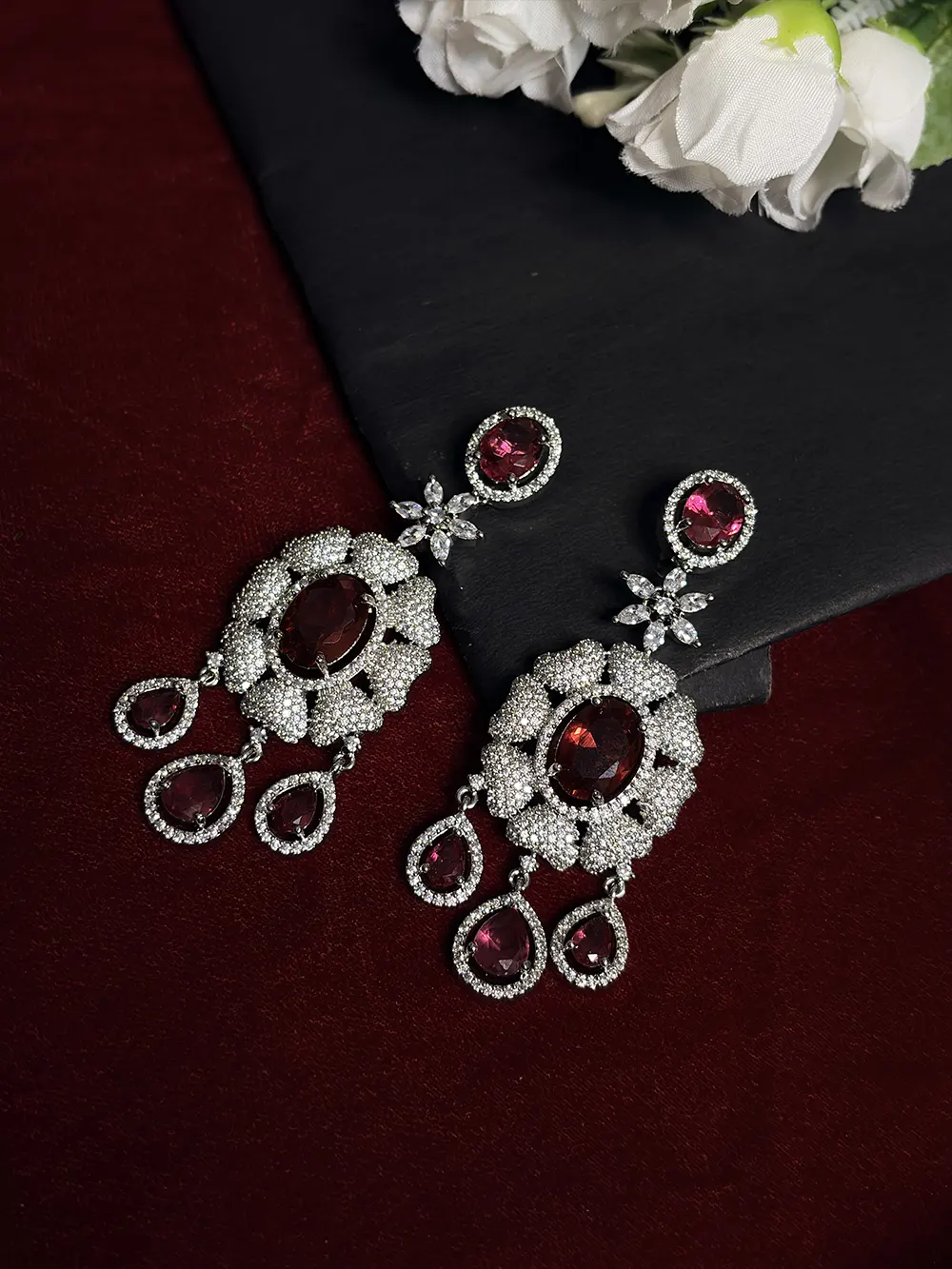 Deep Maroon & White American Diamond Floral Teardrop Bridal Necklace Set with Dangler Earrings