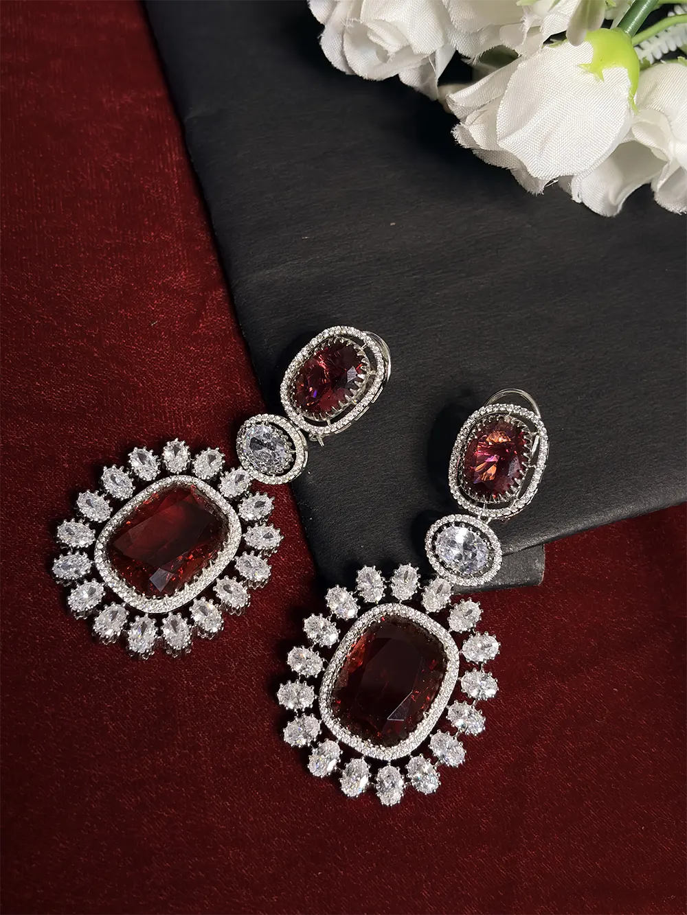 Ruby Red & White American Diamond Oval Graduated Emerald Cut Pendant Necklace Set with Drop Earrings