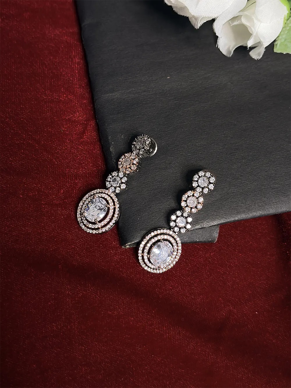 Gold Tone White American Diamond Long Oval Solitaire Graduated Chain Necklace Set with Drop Earrings