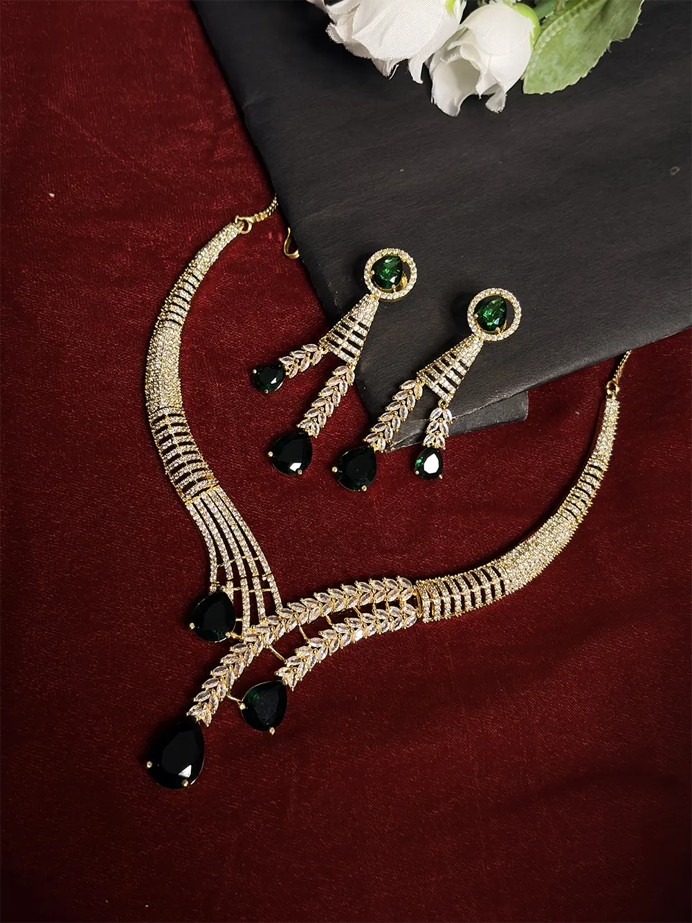 Emerald Green & Gold American Diamond Wheat Leaf V-Drop Necklace Set with Dangler Earrings