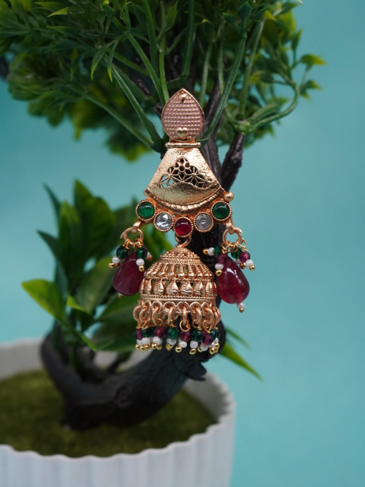 Antique temple long necklace set's earring in copper finish