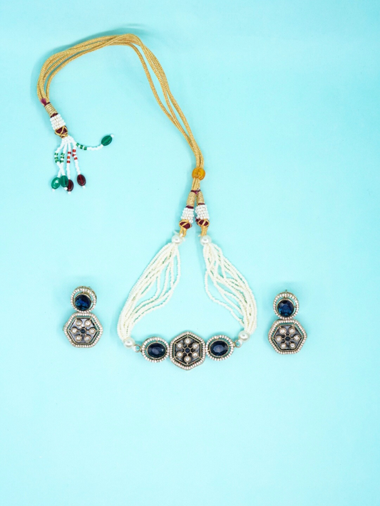 Beautiful Moissanite Choker Necklace Set with Blue Stones and White Beads with earrings