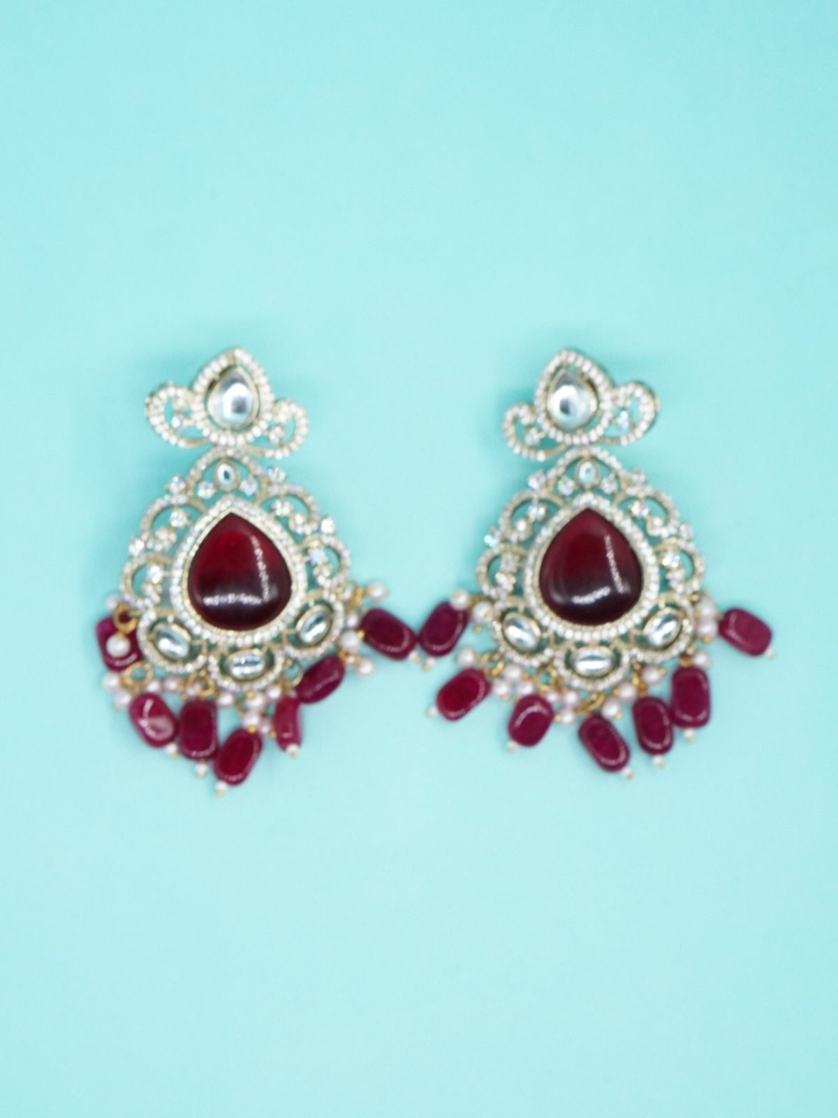 Bridal Kundan earrings with red stone drops