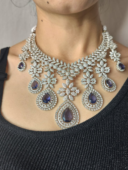 Exquisite Royal Blue Stone American Diamonds Choker Necklace Set