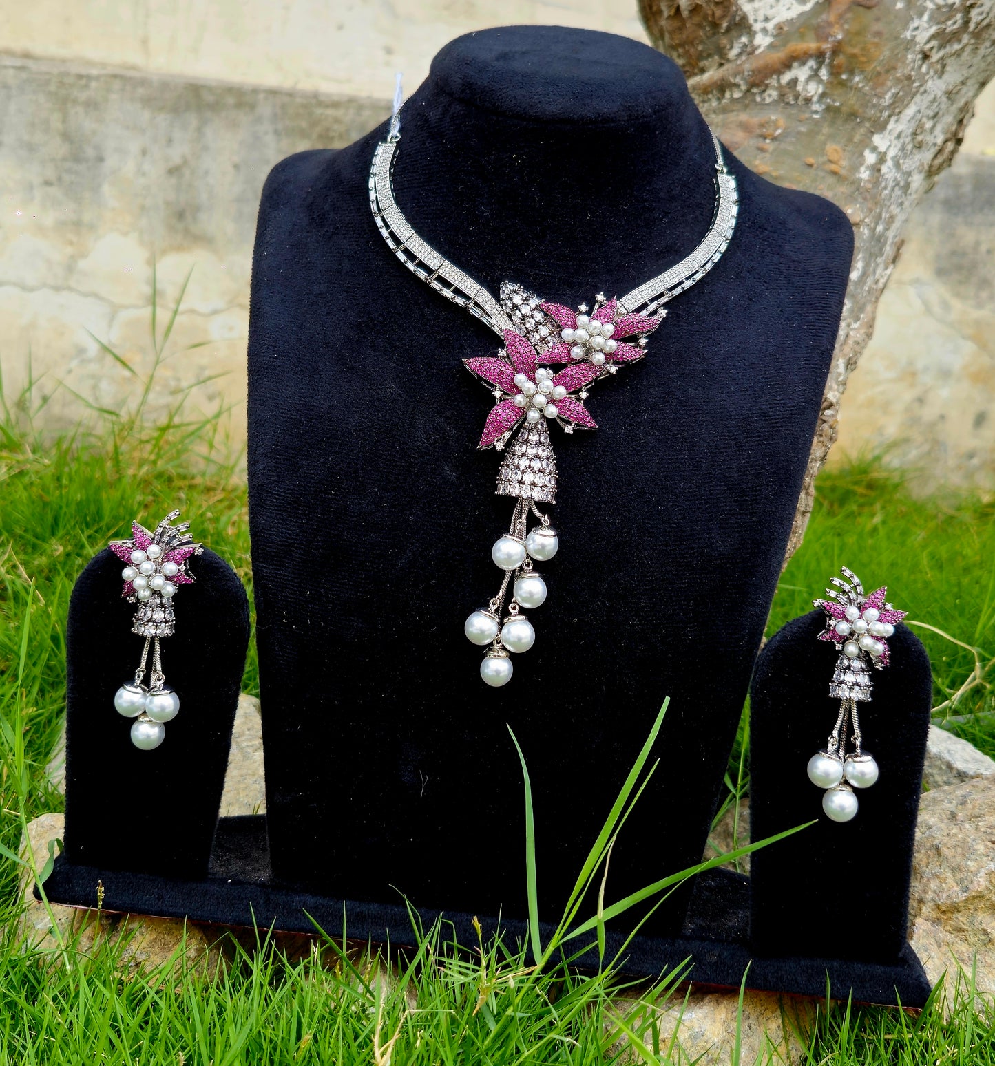 Floral Pearl Drop American Diamond Necklace Set with Pink Stones