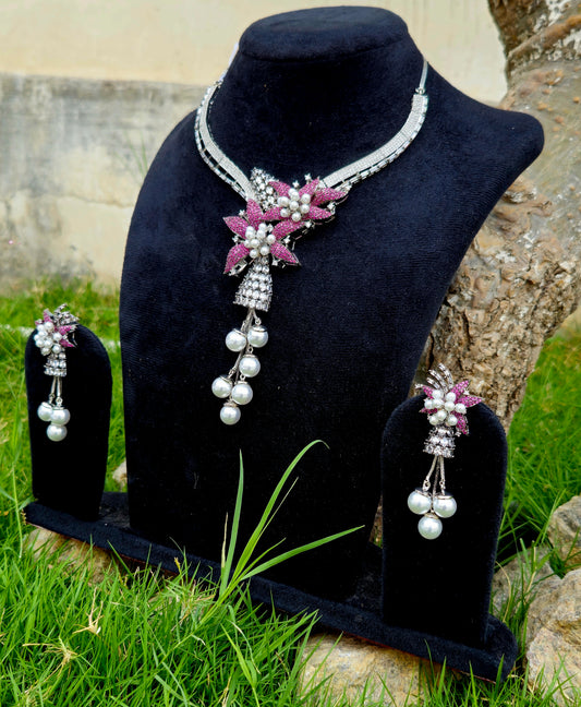 Floral Pearl Drop American Diamond Necklace Set with Pink Stones