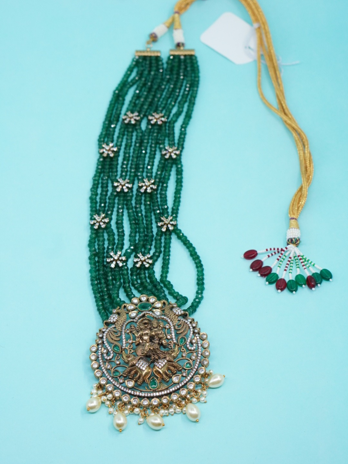 Green beaded temple necklace set with Lakshmi pendant top view