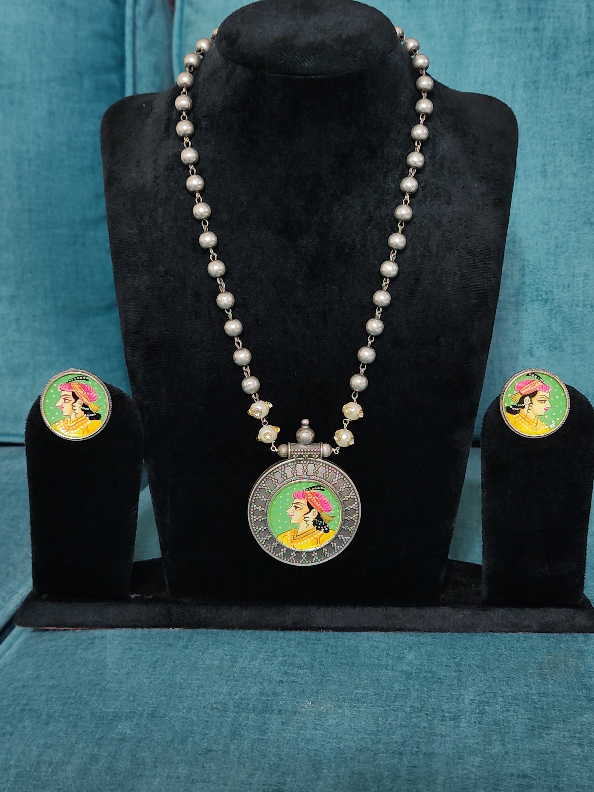 Hand-painted Rajputi silver replica necklace set with matching earrings