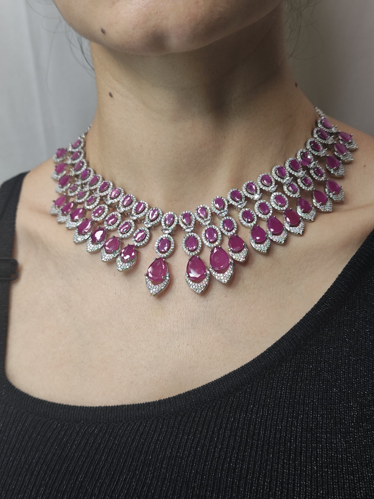 Exquisite Ruby Drop American Diamond Necklace Set