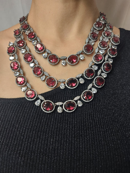 Maroon Triple Layer Necklace Set with White AD Stones – Bridal Jewellery with Earrings