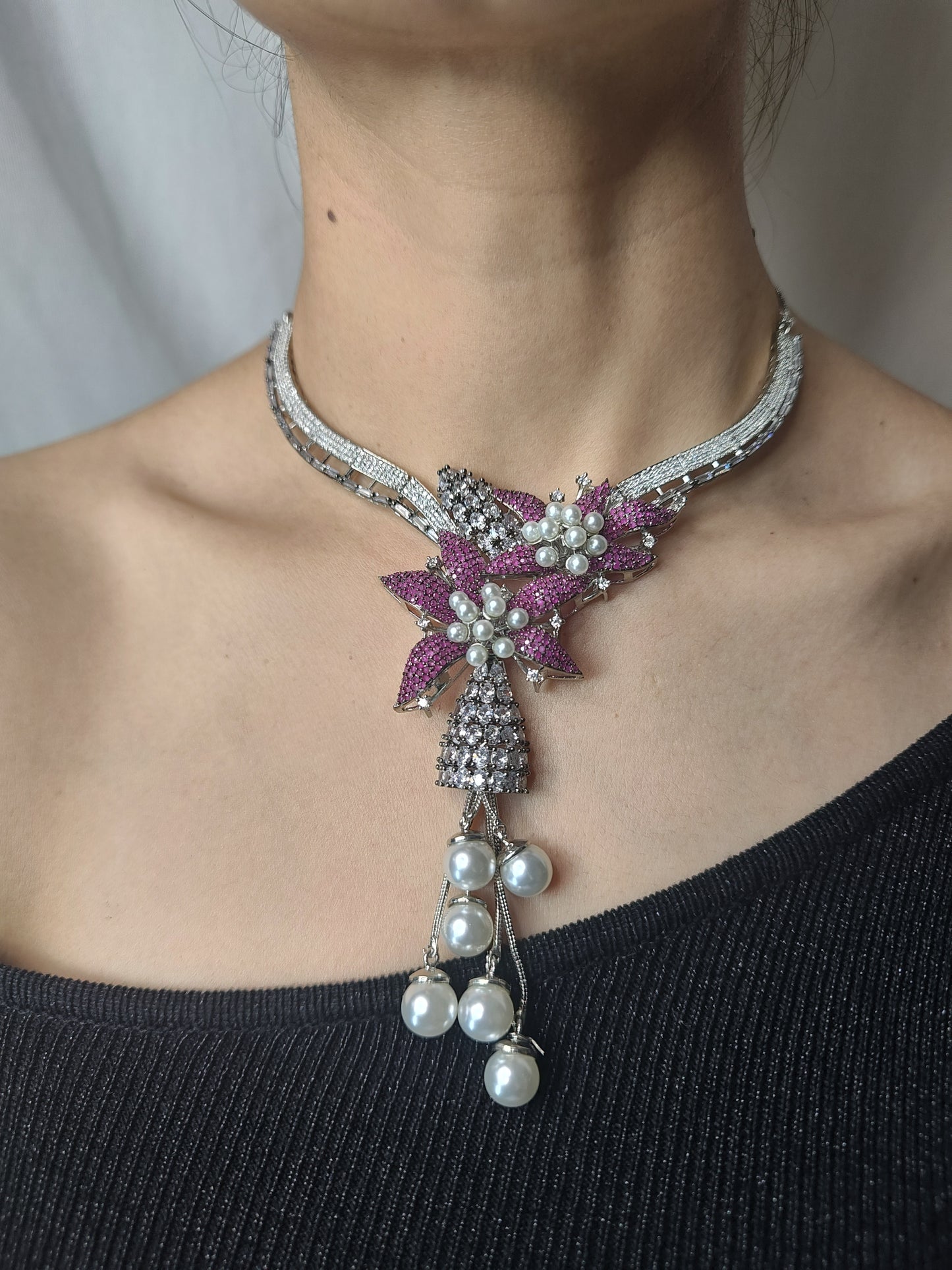Floral Pearl Drop American Diamond Necklace Set with Pink Stones