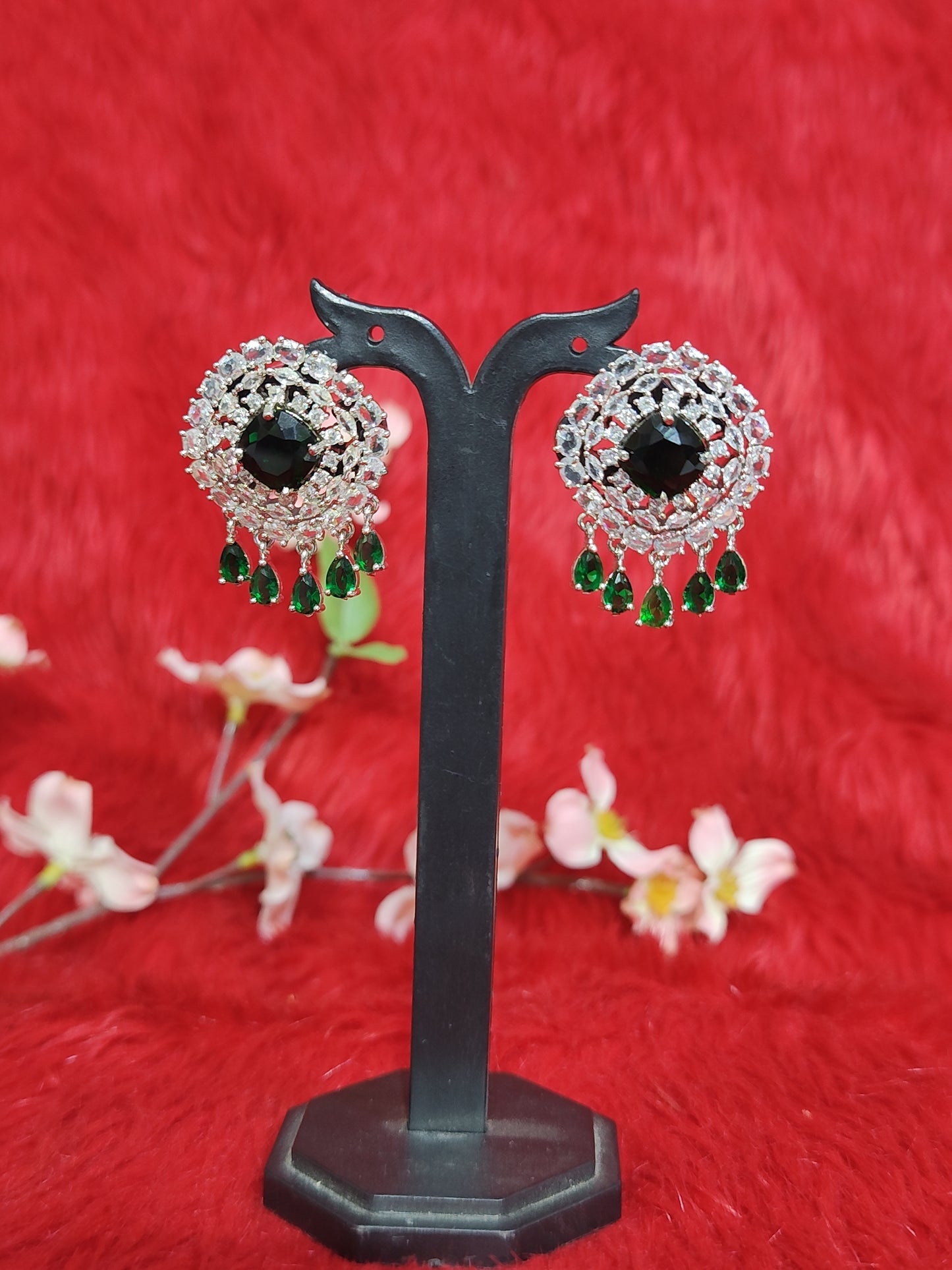 Grand American Diamond Bridal Necklace Set with Emerald Green Accents