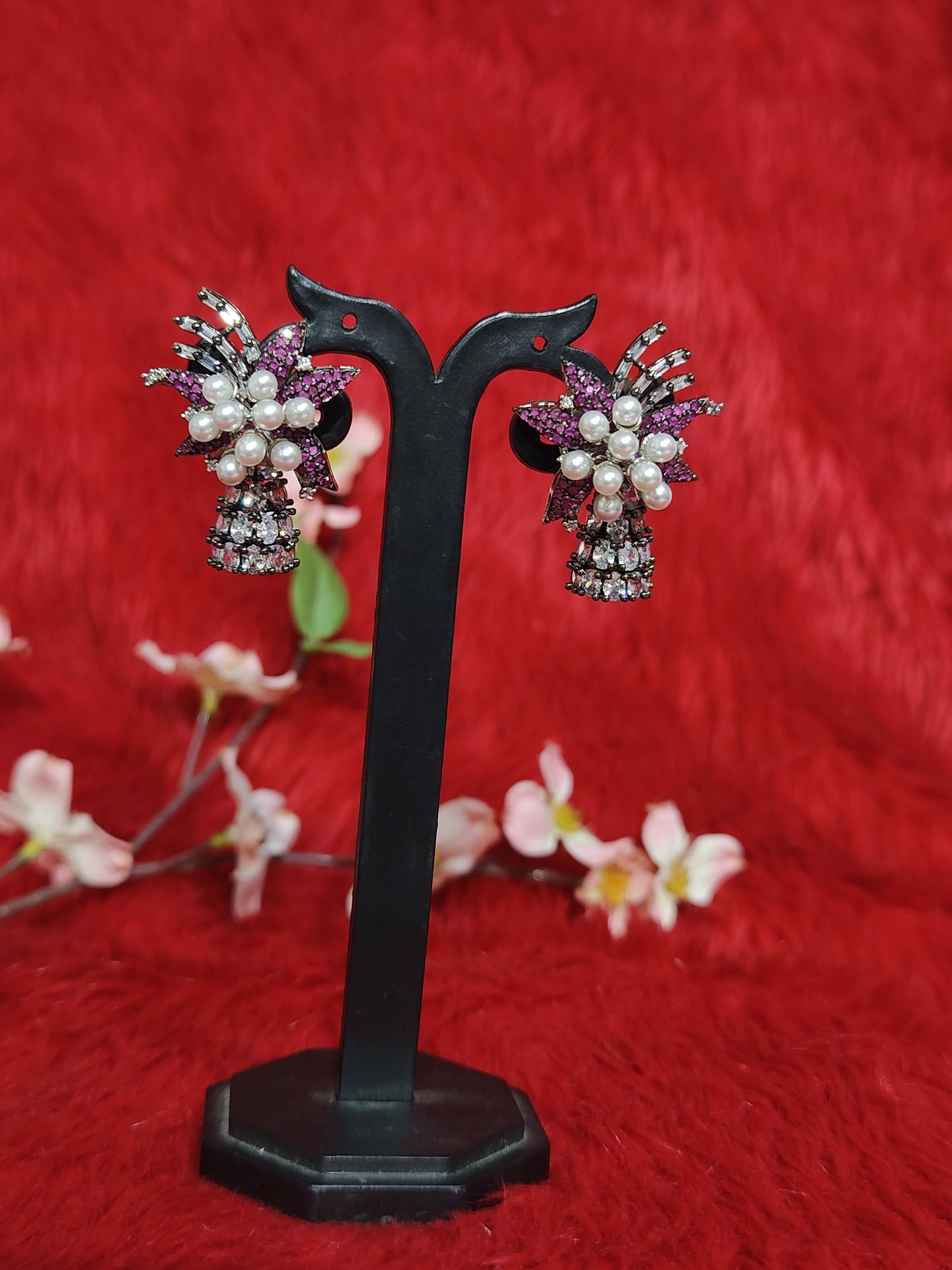 Floral Pearl Drop American Diamond Necklace Set with Pink Stones