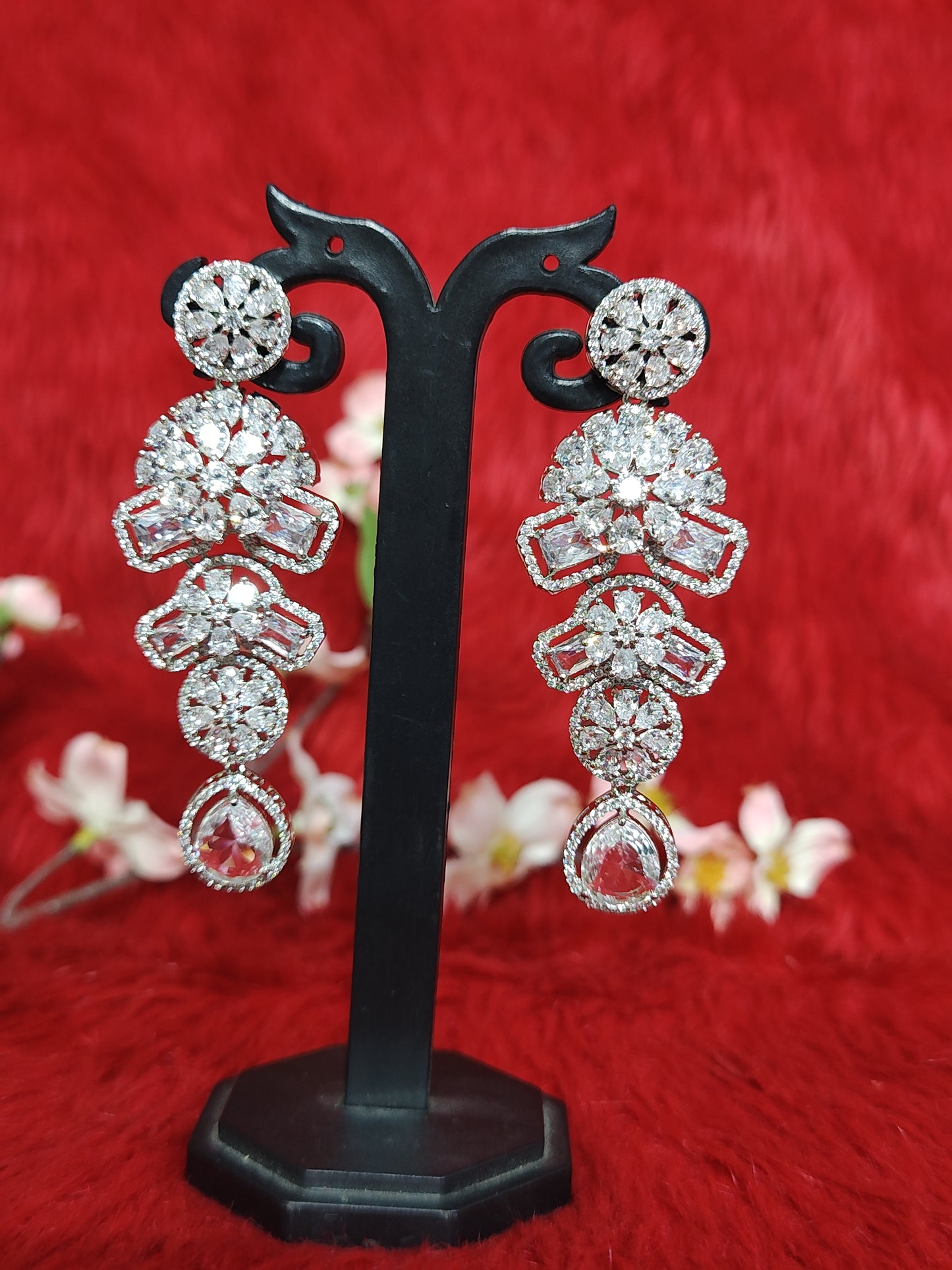 Radiant Floral American Diamond Long Necklace Set with Teardrop Pendant and Earrings