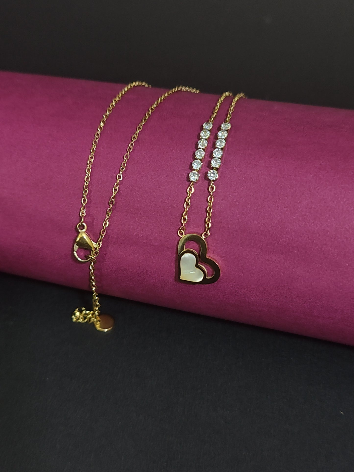 Anti-Tarnish Heart Charm Necklace with Crystal and Mother of Pearl