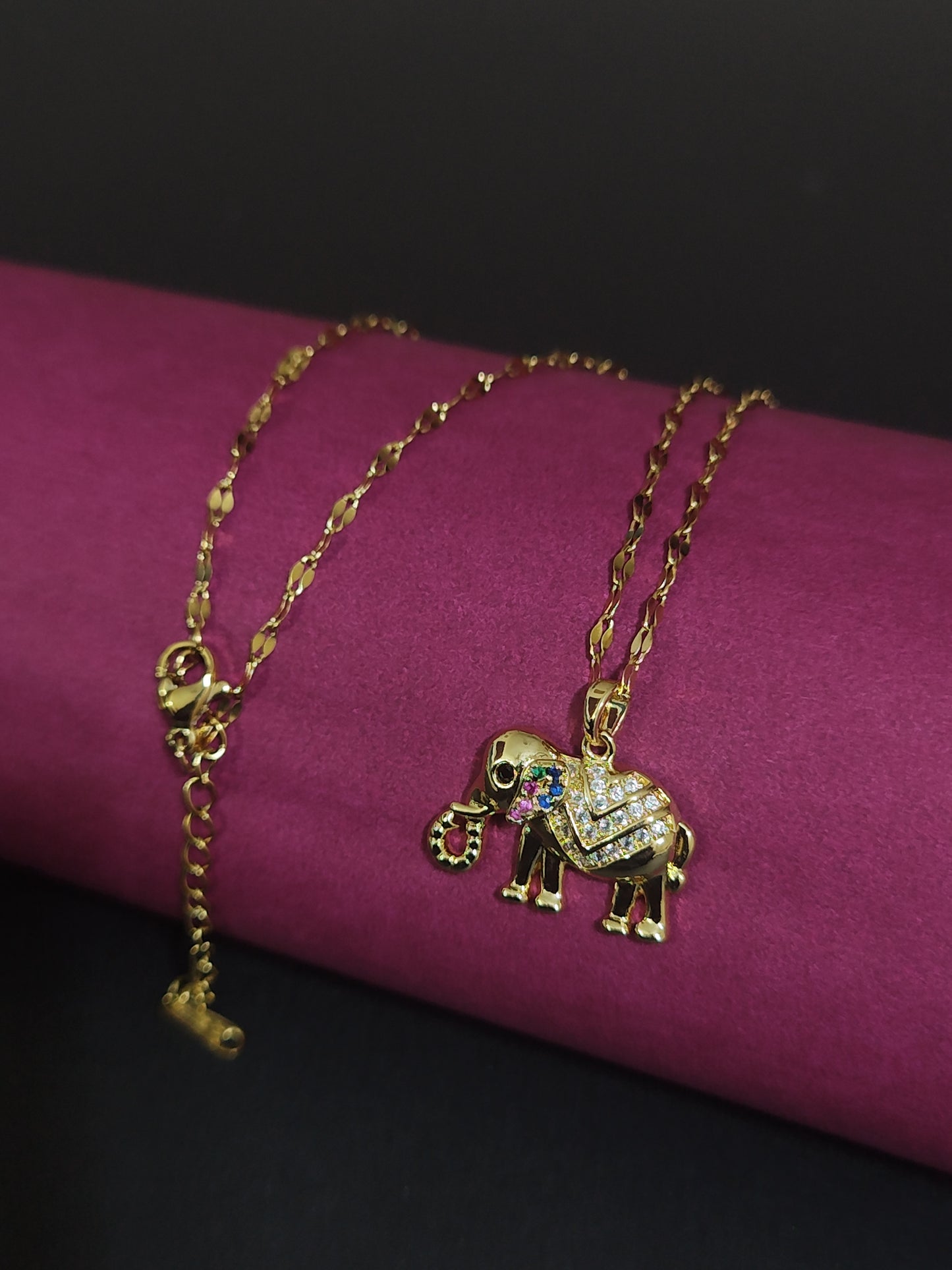 Anti Tarnish Elephant Pendant Necklace with Multicolor Stones