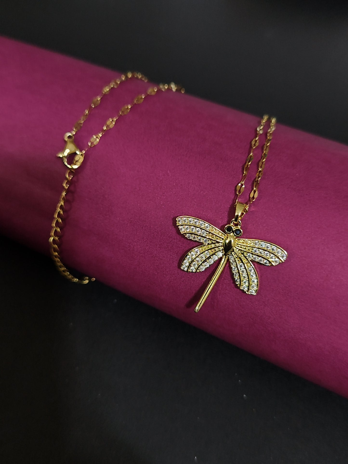 Anti-Tarnish Dragonfly Charm Necklace with Crystal Stone Details