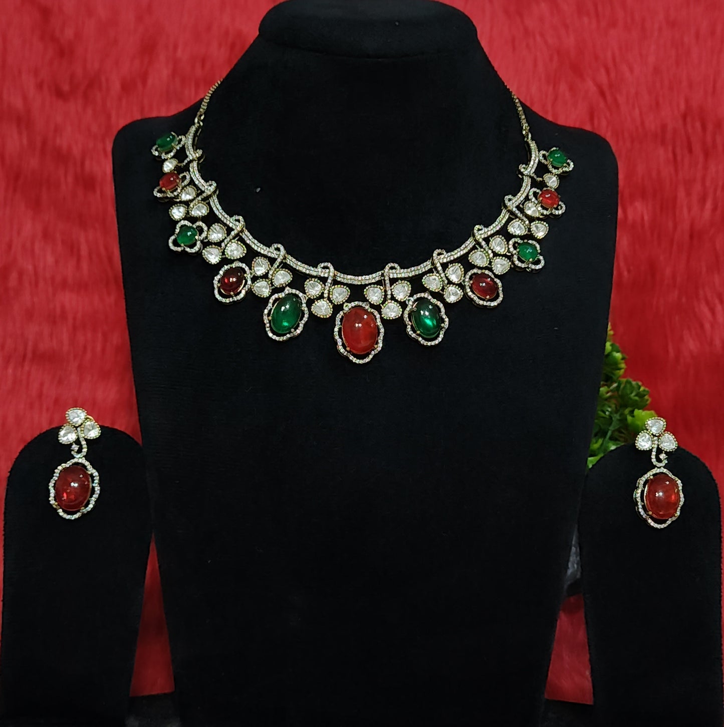 Pota Doublet Kundan Necklace Set with Red & Green Stone