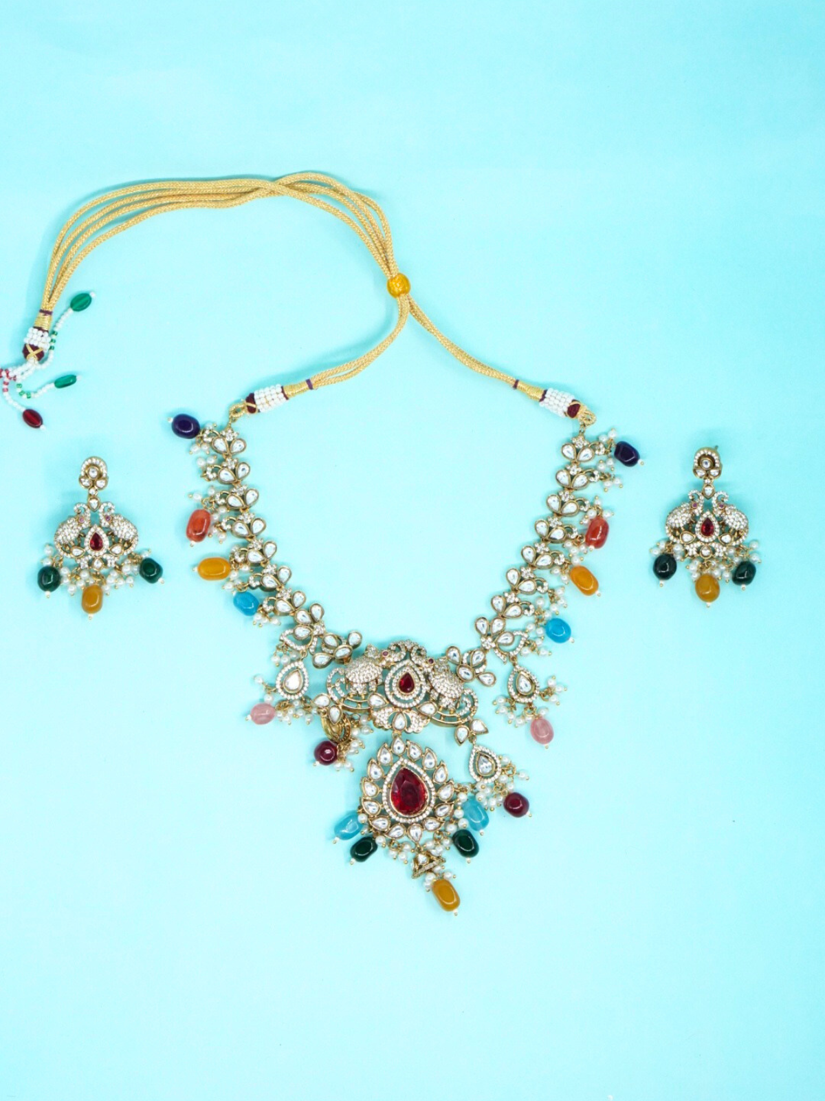 Kundan necklace set with multicolor stones and matching earrings