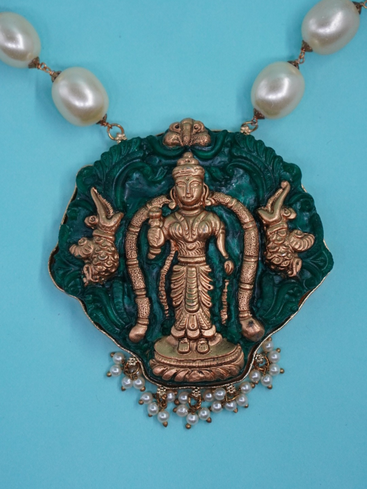 Lord Venkateswara temple pendant in antique copper and green finish