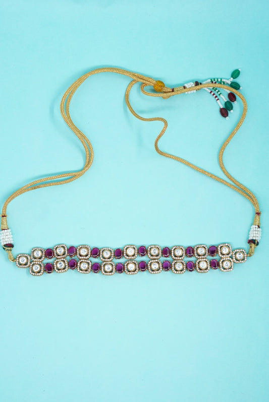 Moissanite choker with maroon pota stones on blue background