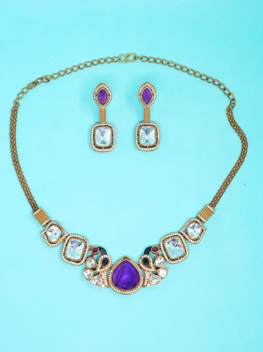 Moissanite with Dublet stone necklace set with earrings, purple centre and white Kundan stones