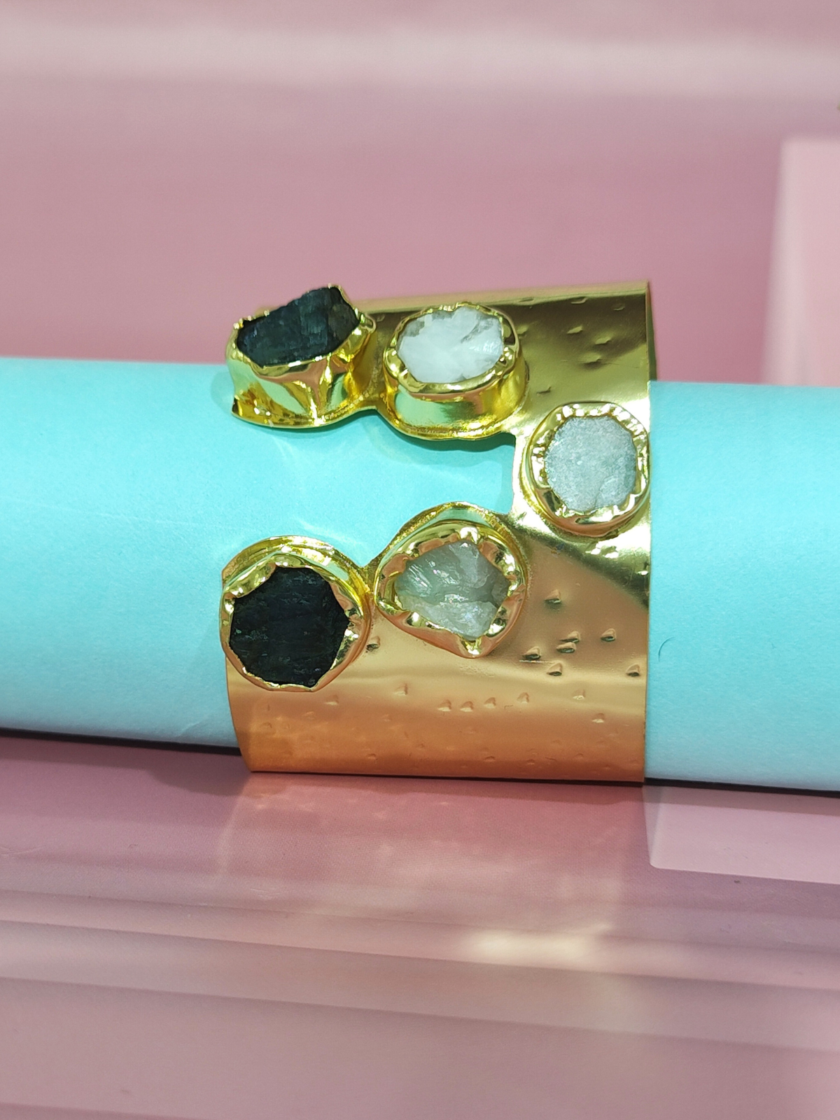 Raw stone cuff bracelet in pure brass