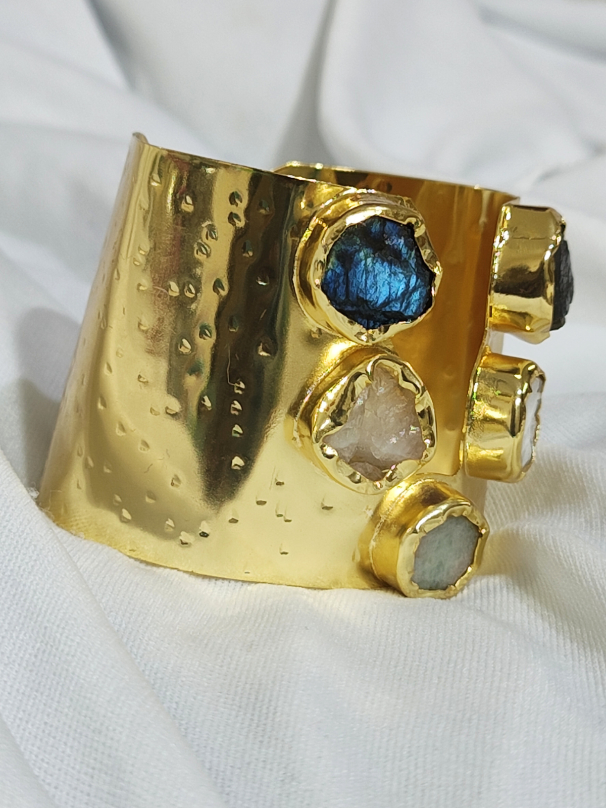 Raw stone cuff bracelet in pure brass close view
