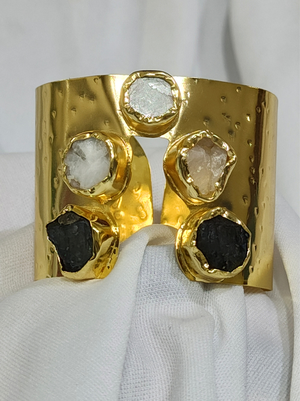 Raw stone cuff bracelet in pure brass front angle view