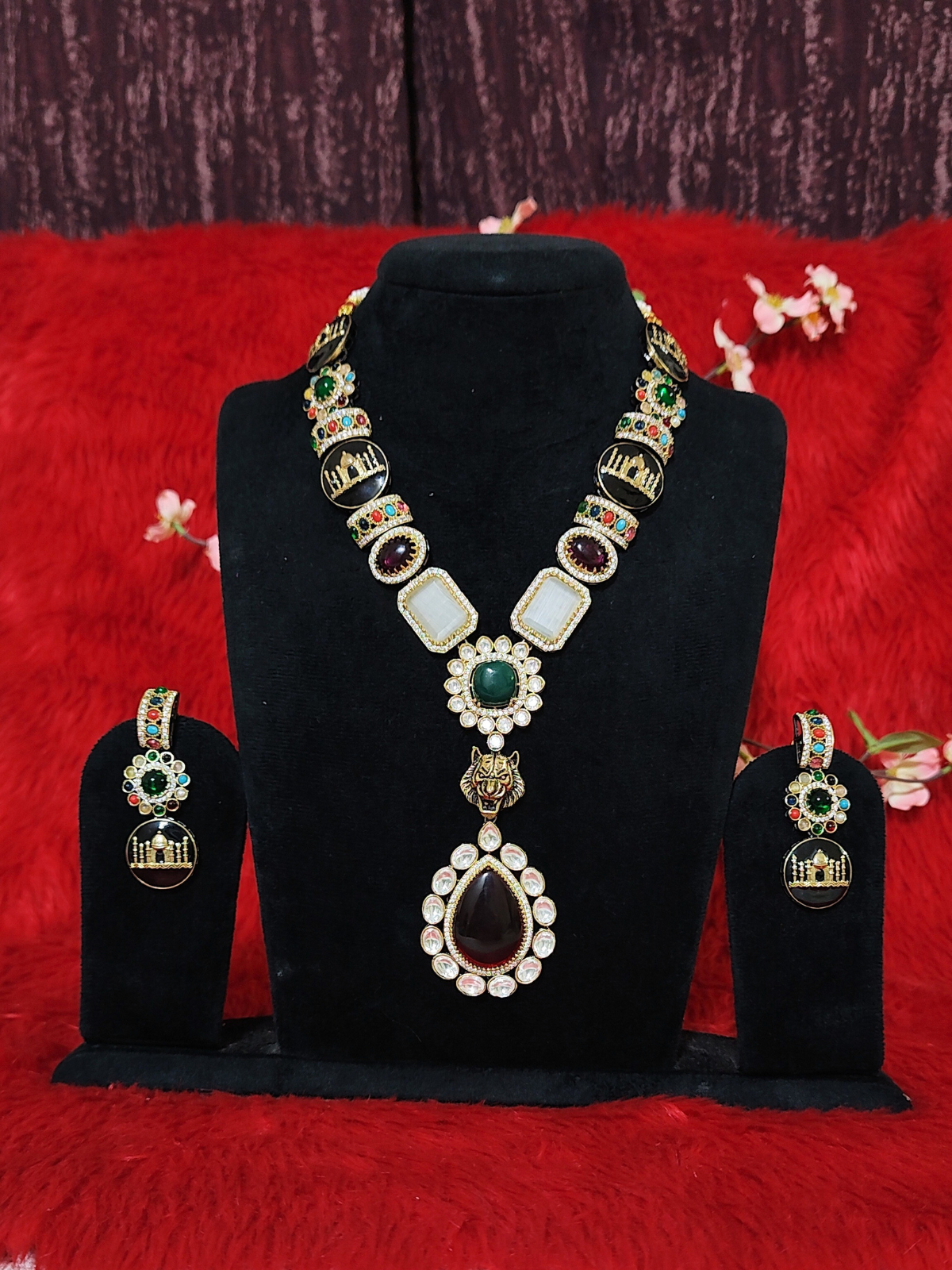Sabyasachi style kundan stone necklace set with earrings and red drop pendant