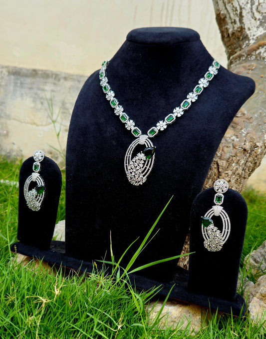 Stunning Green and American Diamond Peacock Necklace Set.